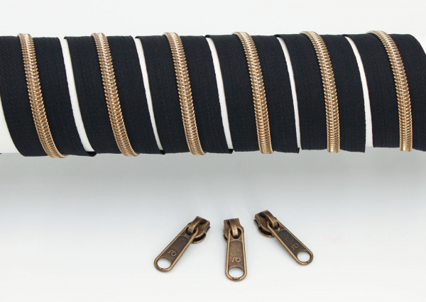 Endlosreißverschluss metallisiert schwarz/ messing-antik (1m)